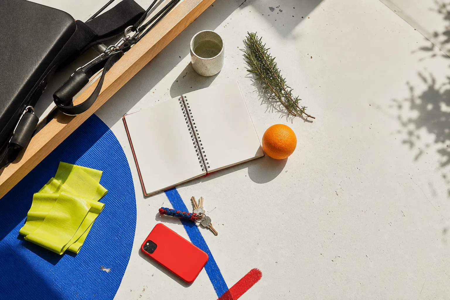 Objetos reales del día a día de un estudio de pilates organizados sobre una mesa